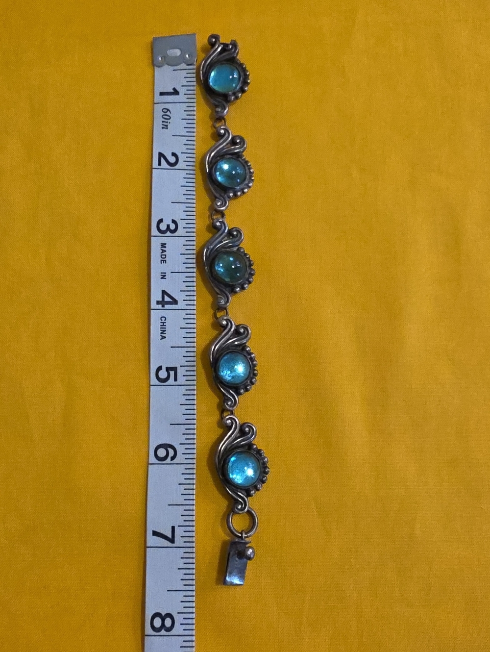 Vintage Mid-Century Mexican Silver Bracelet ▪︎ Blue & Green Glass Cabochons - Picture 13 of 14